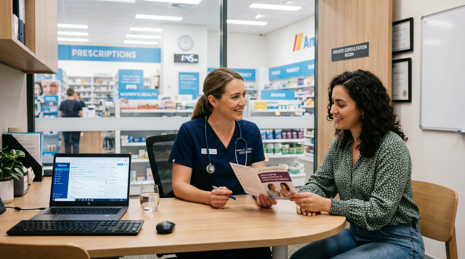 Australian pharmacist prescriber consulting a patient in a private consultation room